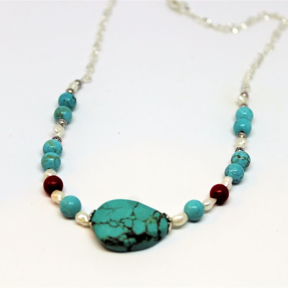 Turquoise and pearl statement necklace